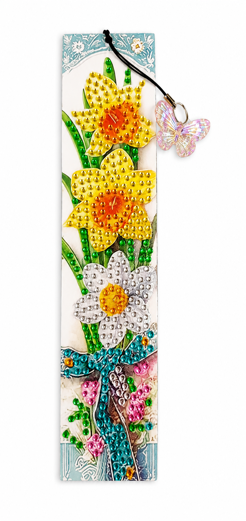 Boekenlegger met strass steentjes, narcissen en vlinderbedeltje, 4,5 x 19 cm