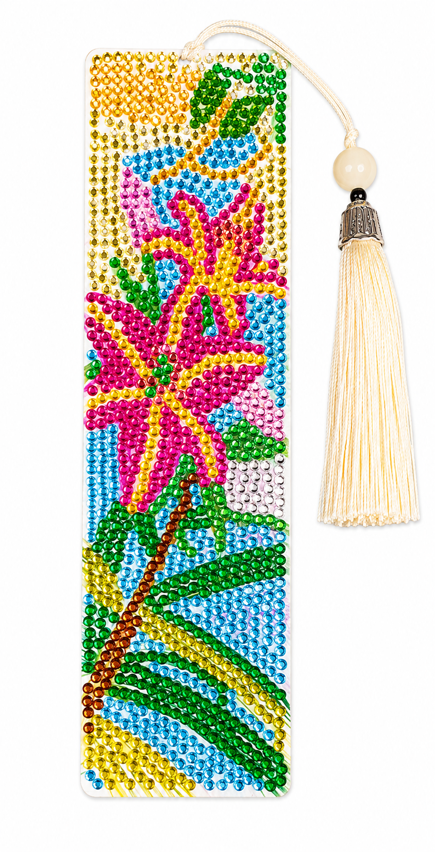 Boekenlegger met strass steentjes, roze bloem en kwastje, 5,5 x 19,5 cm