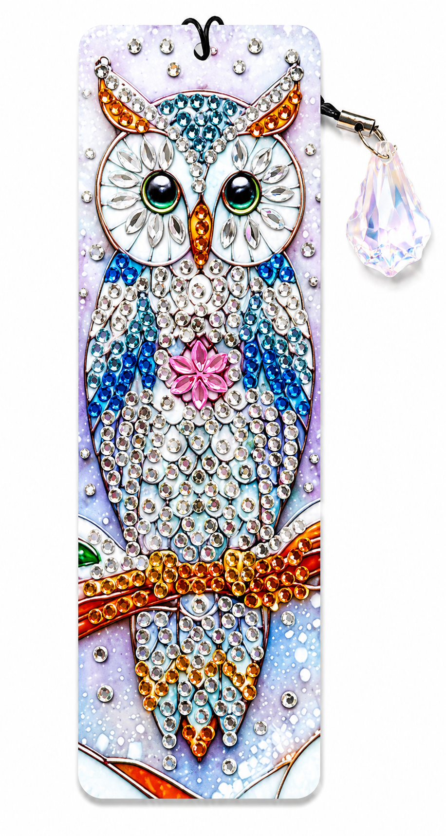 Boekenlegger met strass steentjes, witte uil en kristalhanger, 5 x 15 cm