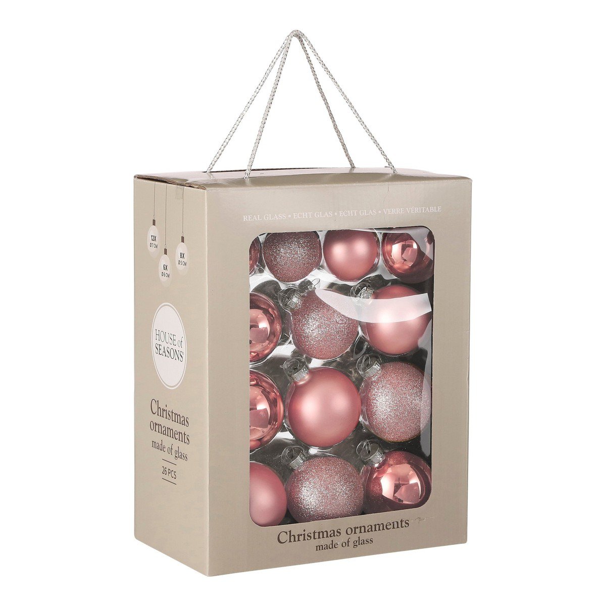 Roze glazen kerstballen set, 26 stuks Ø 5, 6 en 7 cm