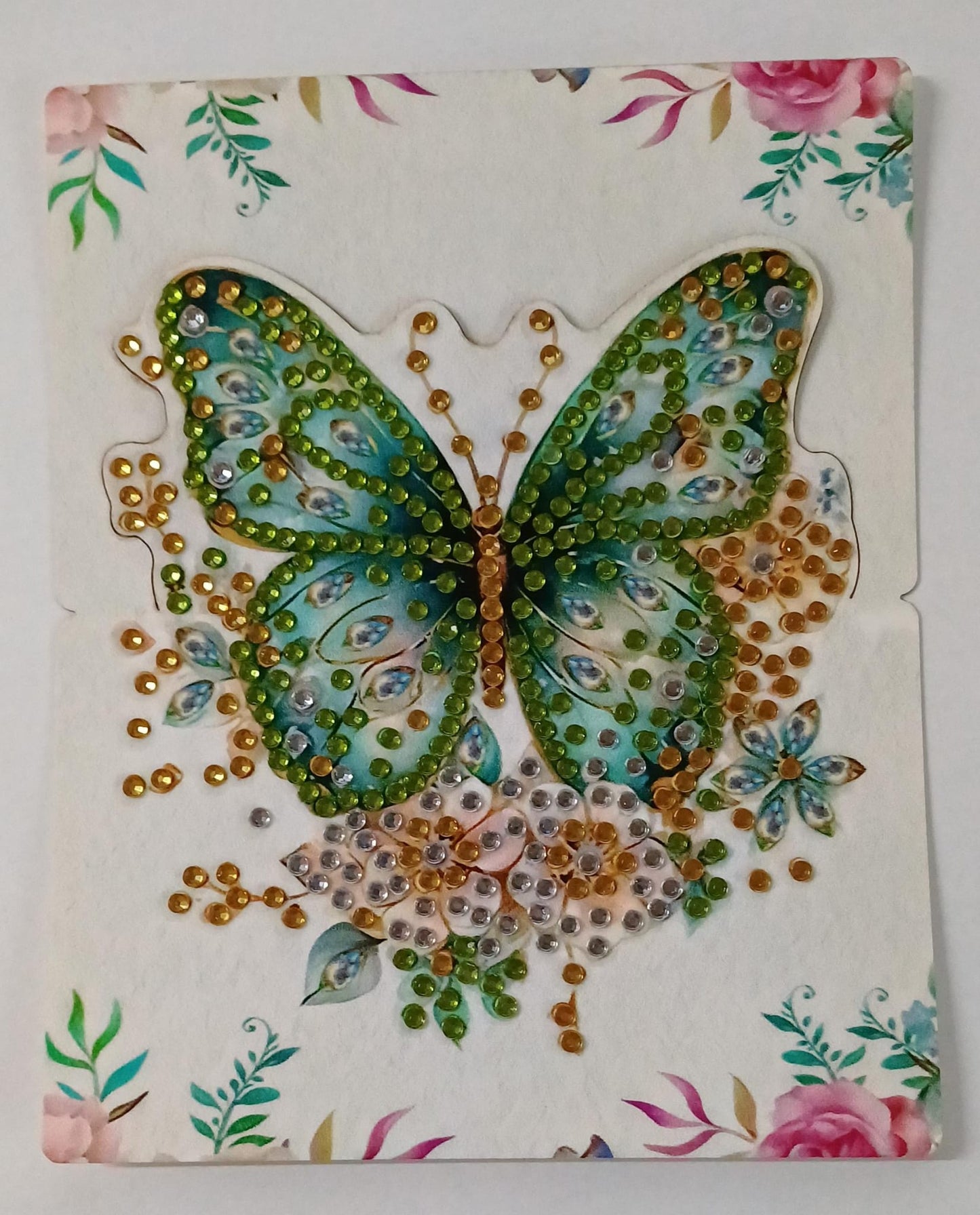 Groene vlinder kaart, diamond painting voltooid, 11,5 x 14 cm