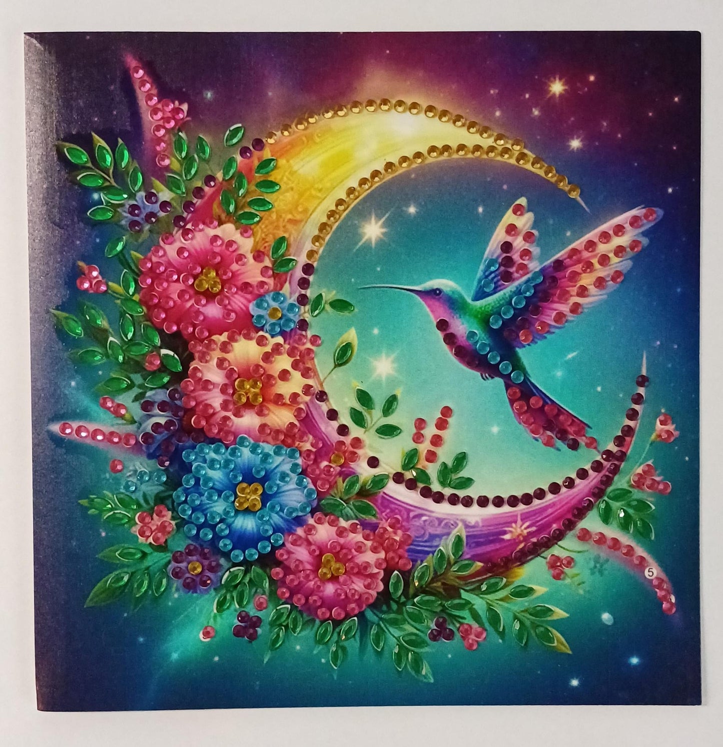 Kolibrie bij gouden maan kaart, diamond painting voltooid, 15 x 15 cm