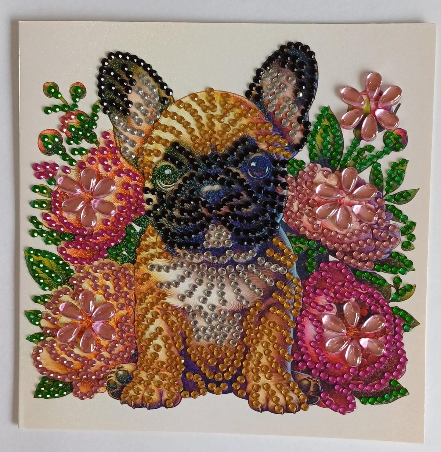 Franse Bulldog tussen bloemen kaart, diamond painting voltooid, 15 x 15 cm
