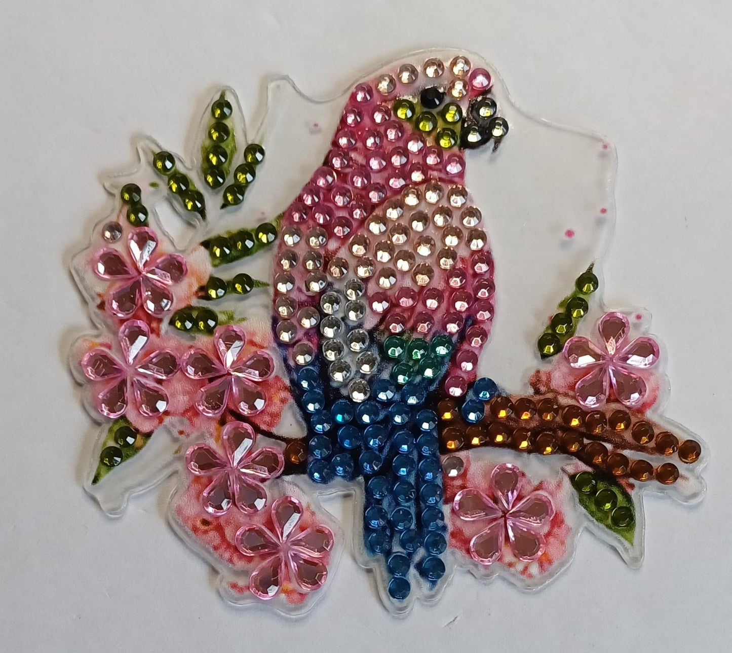Roze vogel koelkastmagneet met strass steentjes, 8 × 7 cm