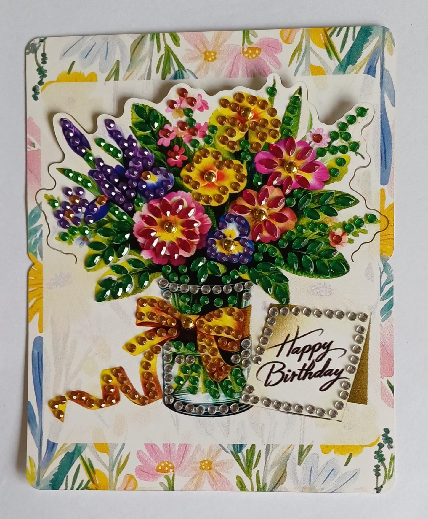 Bloemen verjaardagskaart, diamond painting, 12 x 14,5 cm