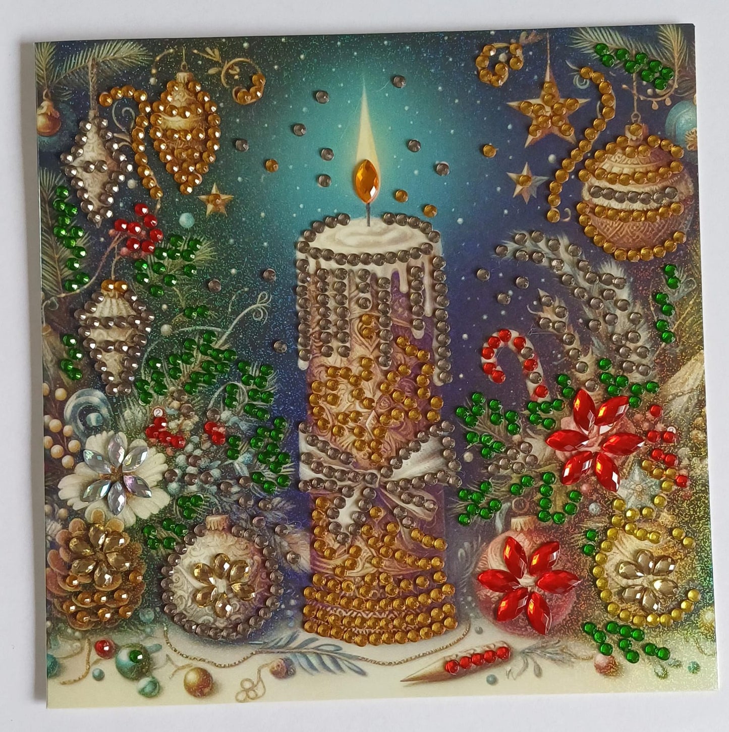 Brandende kerstkaars, diamond painting wenskaart, 15 x 15 cm