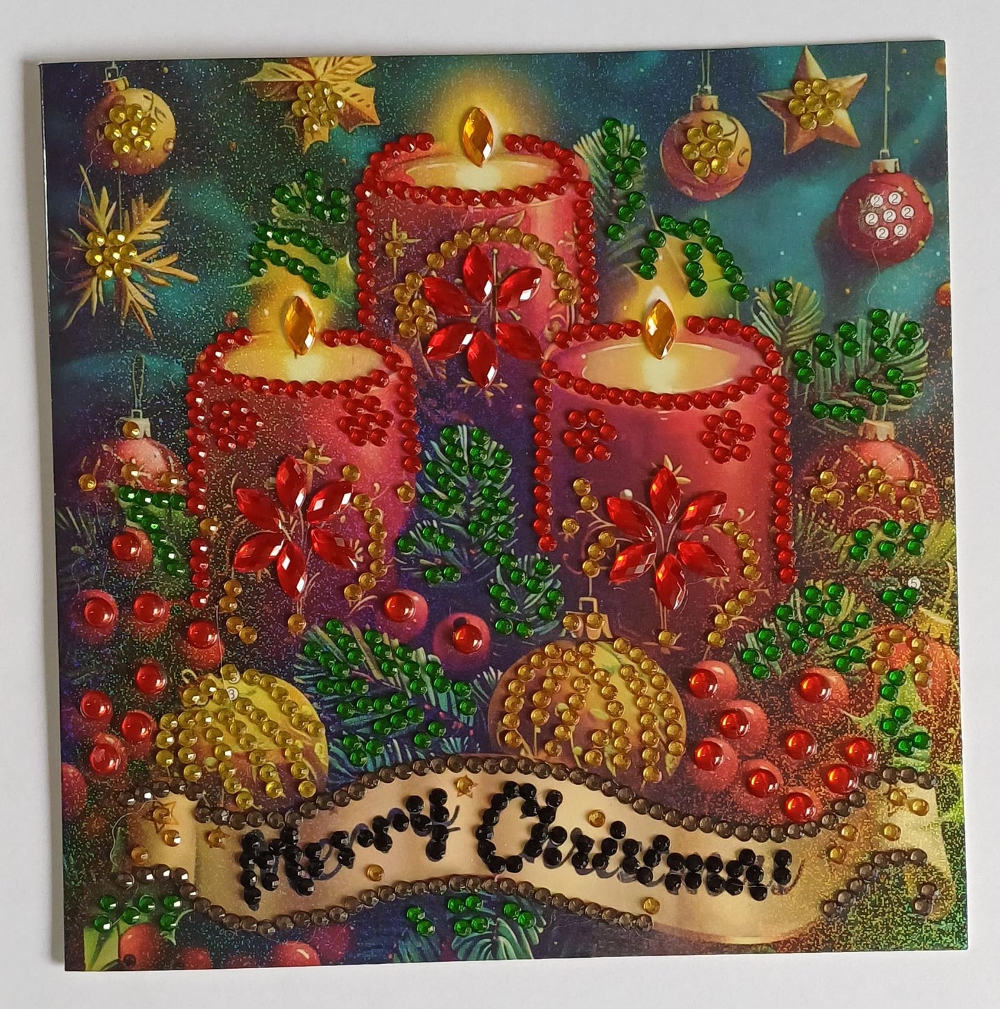 Kaarsen met kerstgroen, diamond painting wenskaart, 15 x 15 cm