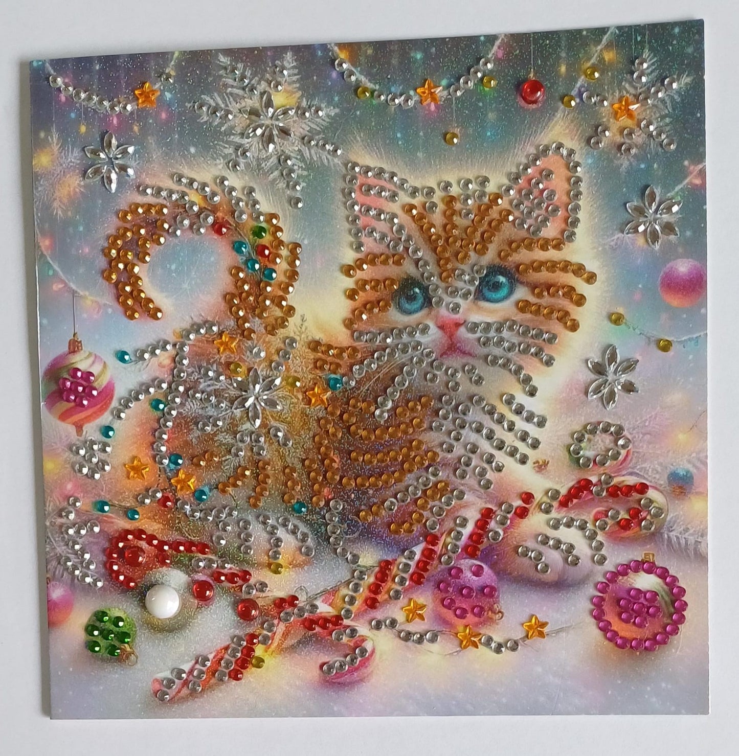 Kerstkat met zuurstokken, diamond painting wenskaart, 15 x 15 cm