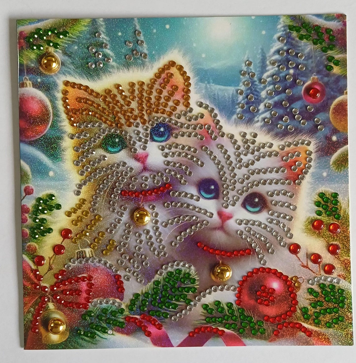 Kerstkatjes in winterlandschap, diamond painting wenskaart, 15 x 15 cm