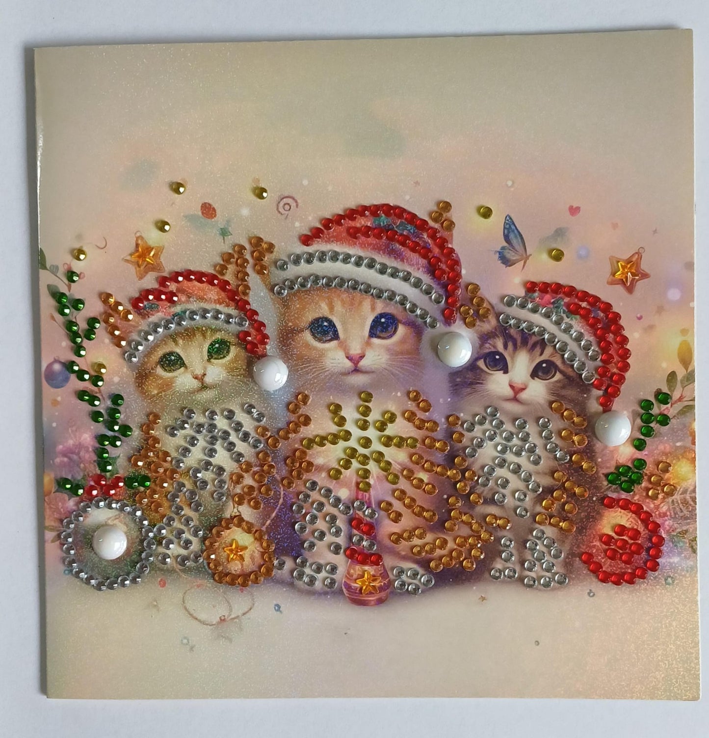 Katjes met kerstmutsen, diamond painting wenskaart, 15 x 15 cm