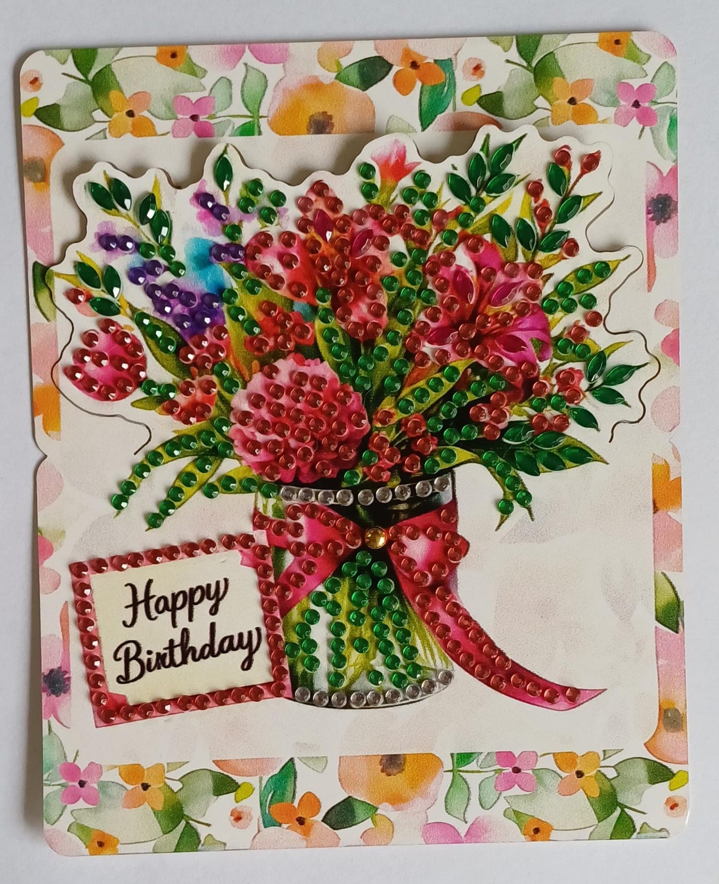 Bloemen verjaardagskaart, diamond painting, 12 x 14,5 cm