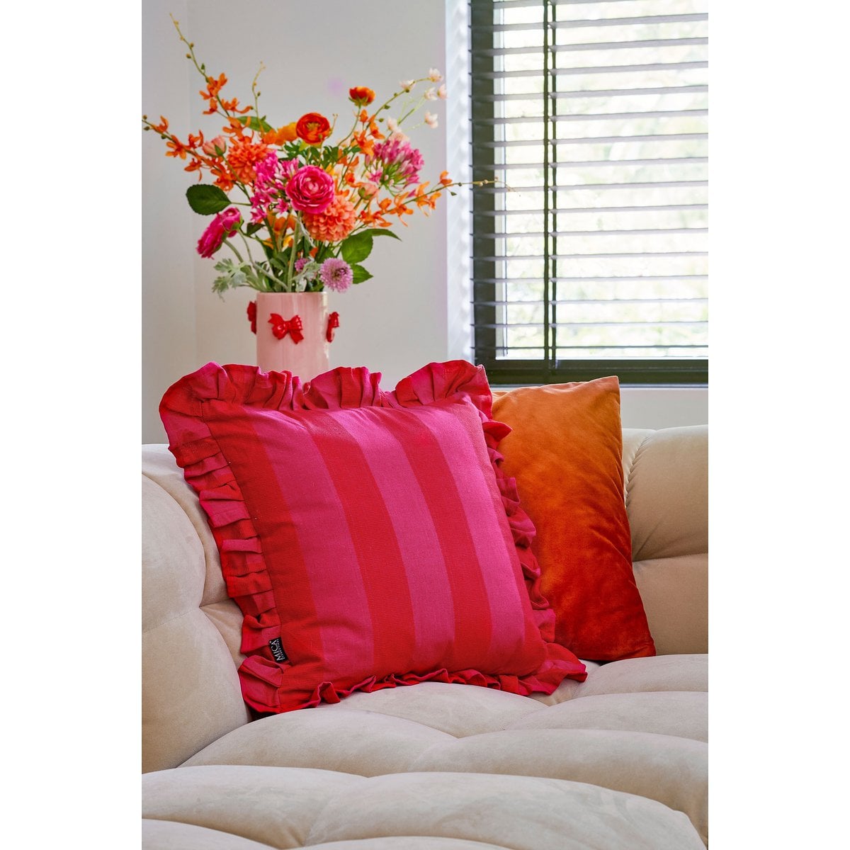 Sierkussen met ruches, roze/rood, 45 x 45 cm