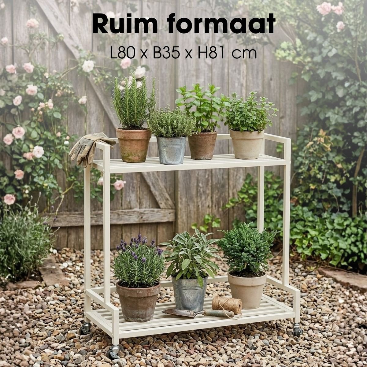 Greenrax plantenstandaard met wielen, off-white, 80 × 35 × 81 cm