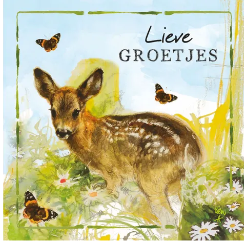 Rien Poortvliet Wenskaart – Lieve groetjes hertje – 13,5 x 13,5 cm