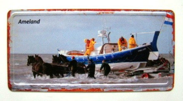 Ameland magneet reddingsboot met paarden, 10 x 5 cm