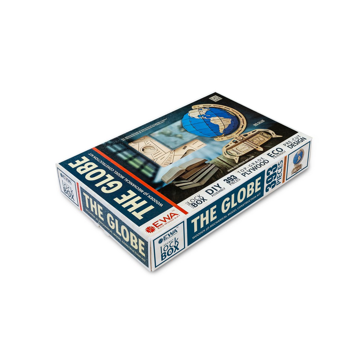 DIY houten mechanische puzzel Globe Blue, 32 x 32 x 50,5 cm