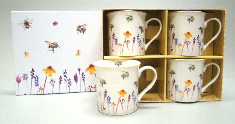 Bijen en bloemen mokkenset, 4 stuks 300 ml