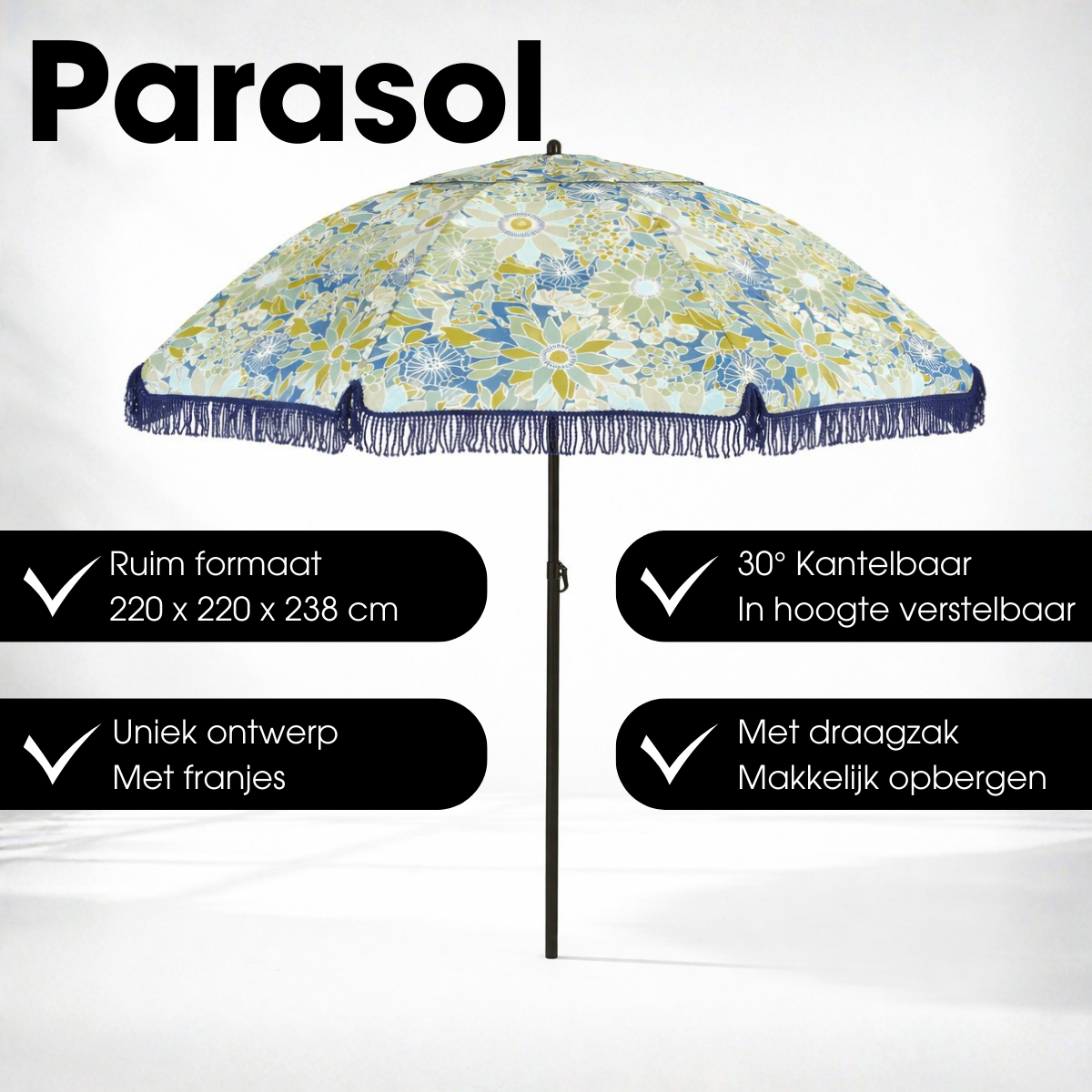 Blauwe parasol met bloemenprint en franjes Ø220 cm