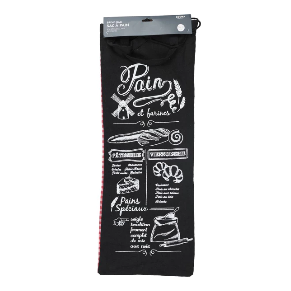 Katoenen broodzak XXL zwart met broodopdruk, 27 x 70 cm