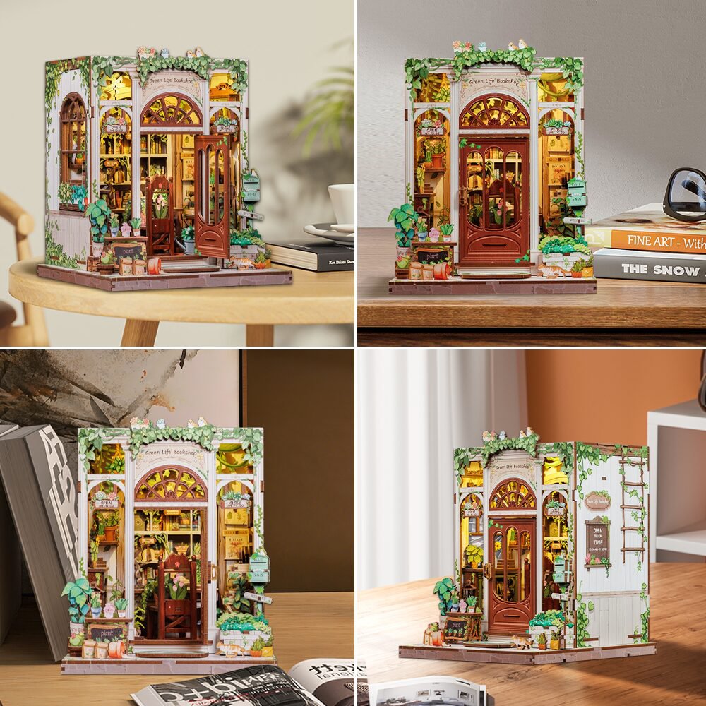 DIY miniatuurhuis Green Life Bookshop met stofkap, 18 cm