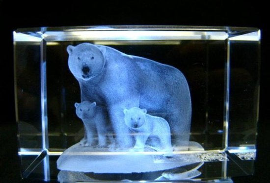 IJsbeer met welpen glasgravure 3D, 8 x 5 cm