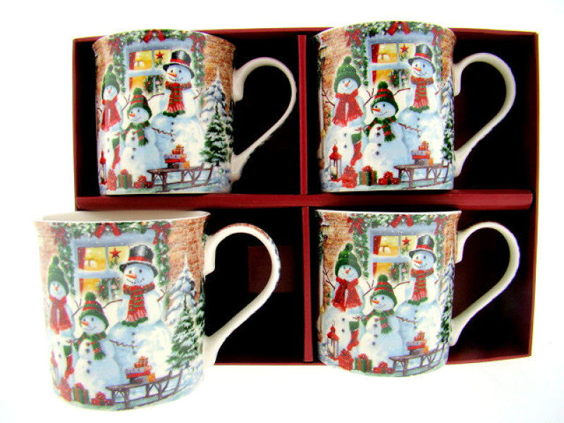Kerstmokken met sneeuwpoppen, porselein, set van 4, 300 ml
