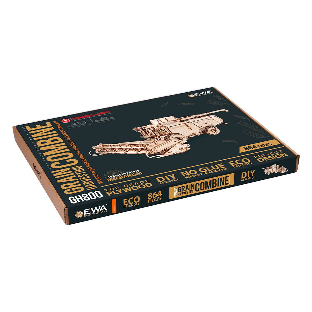 3D mechanische houten puzzel graan combine harvester, 52,7 × 45,8 × 18,7 cm – 864 stukjes