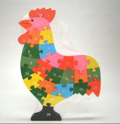 Haan vormenpuzzel alfabet en cijfers, dubbelzijdig hout