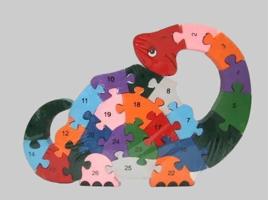 Dinosaurus vormenpuzzel alfabet en cijfers, dubbelzijdig hout