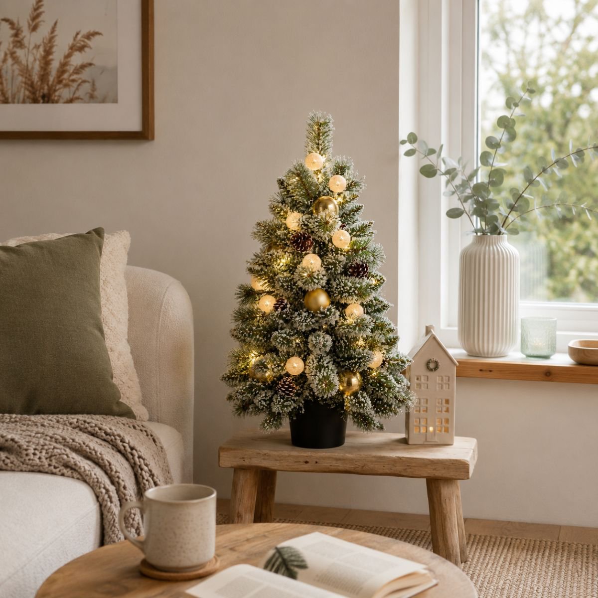 Kaprun frosted kunstkerstboom met LED in goud/groen, 90 cm, Ø 51 cm