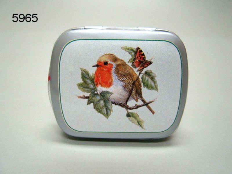 Roodborst, blikje met pepermunt