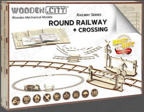 Round Railway met overweg, 3D houten bouwpakket, 180 onderdelen