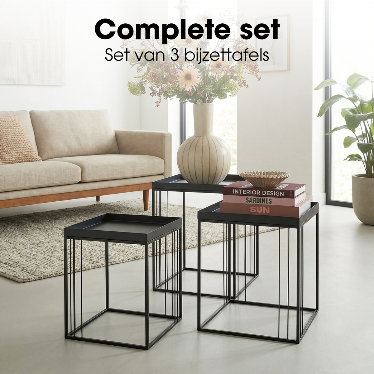Zwarte bijzettafel set Beth - 3-delig