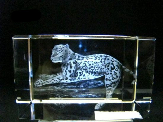 Panter op tak glasgravure 3D, 8 x 5 cm