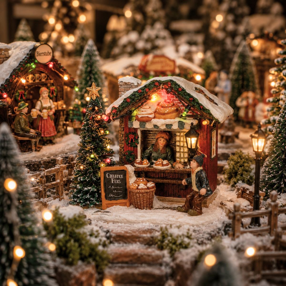Kerstdorp kraam met kaneelbroodjes en verlichting, 12 × 8,5 × 10,5 cm