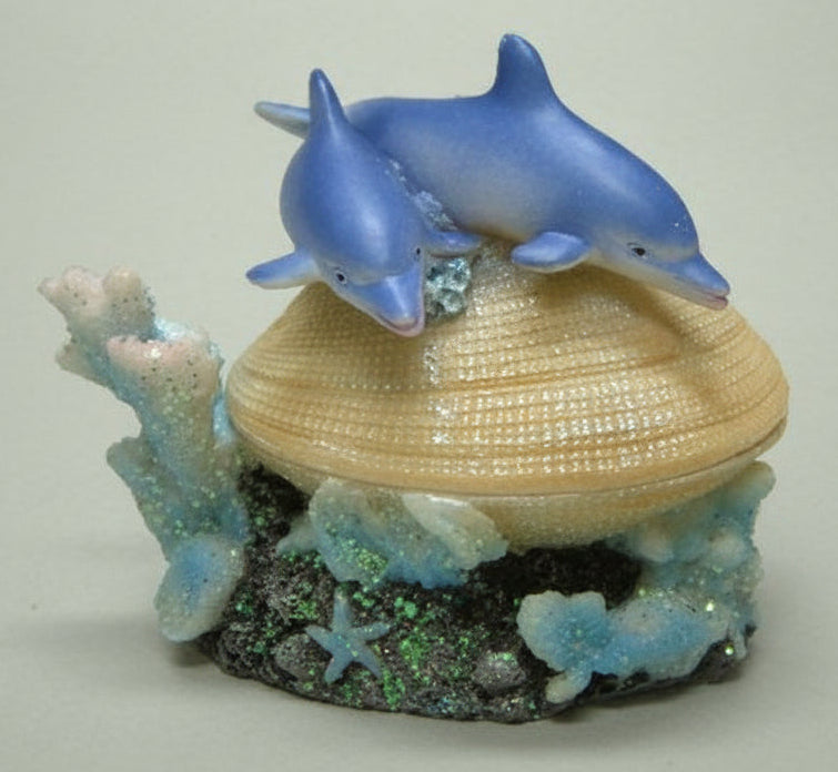 Dolfijnen opbergdoosje, polystone, 10 x 8 cm, schelp assorti