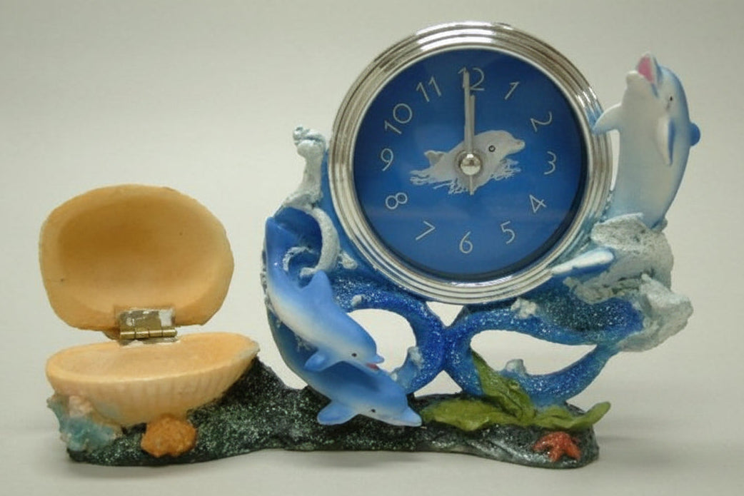 Dolfijnen klokje met schelp doosje, 15 x 11 cm, maritiem design, assorti