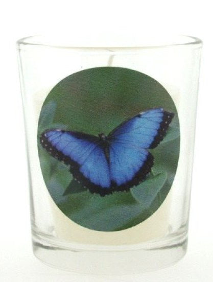 Blauwe vlinder sfeerlichtje met kaars, 6 cm