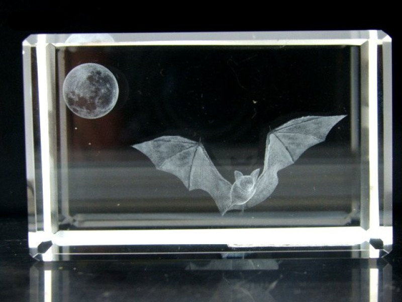 Vleermuis glasblokje, 3D lasergravure, 8 x 5 cm