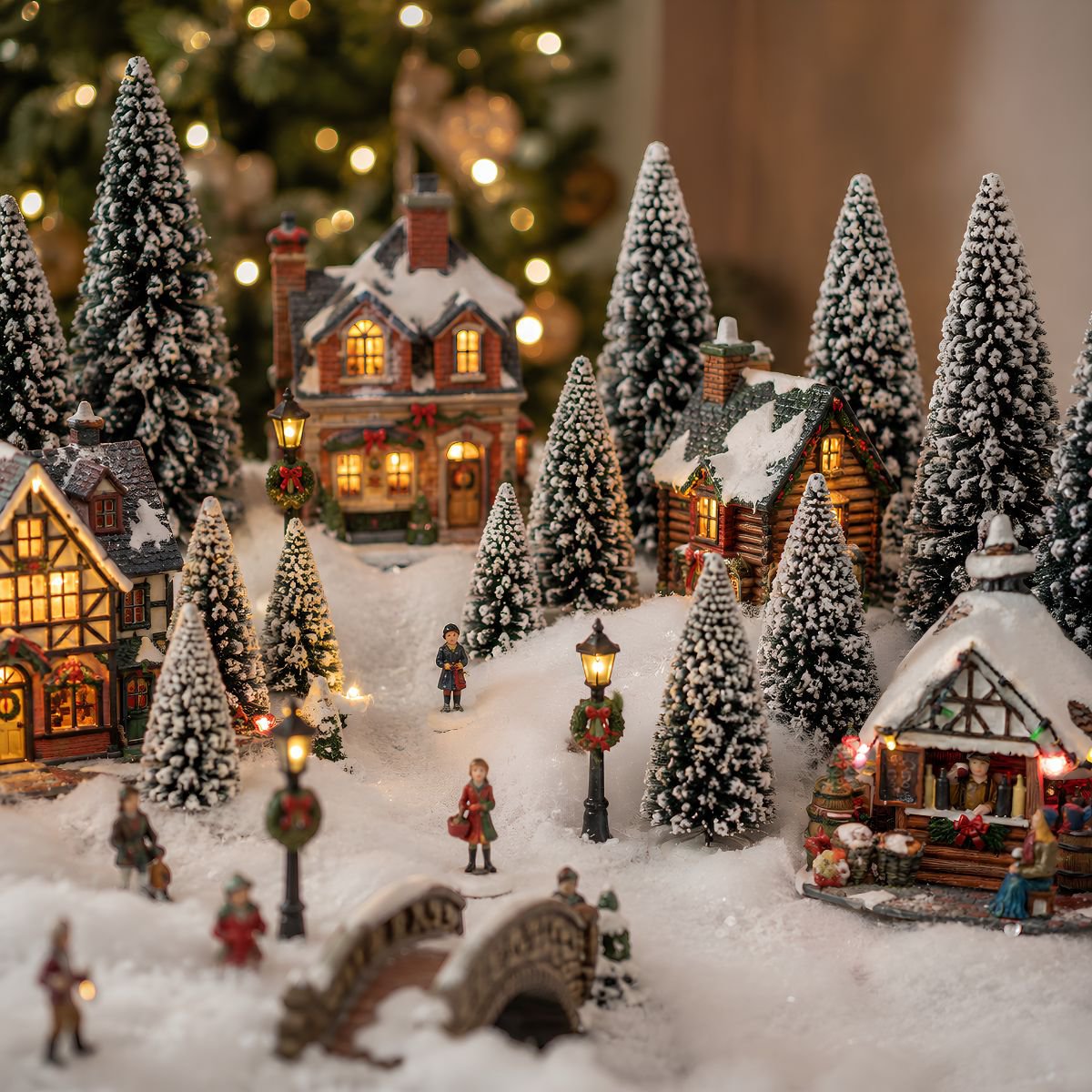 Kerstdorp besneeuwde dennenbomen set, 21 stuks, verschillende hoogtes