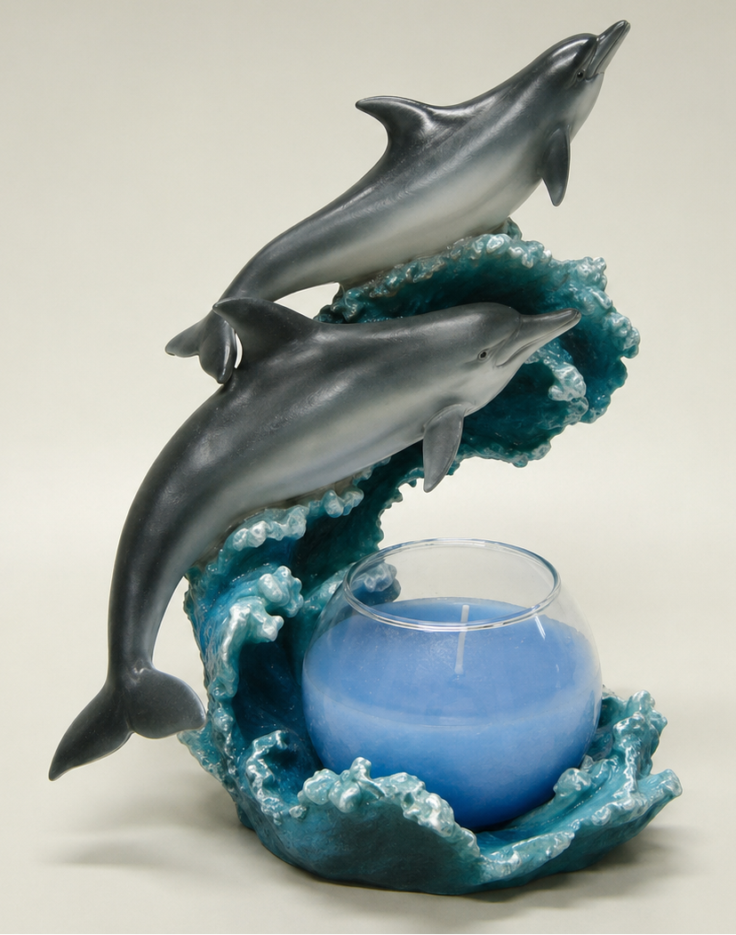 Dolfijnen beeldje met kaarshouder, 22,5 cm, maritiem design