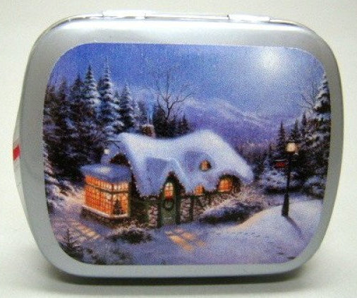 Winter besneeuwd huisje, blikje met pepermunt, 14 gram
