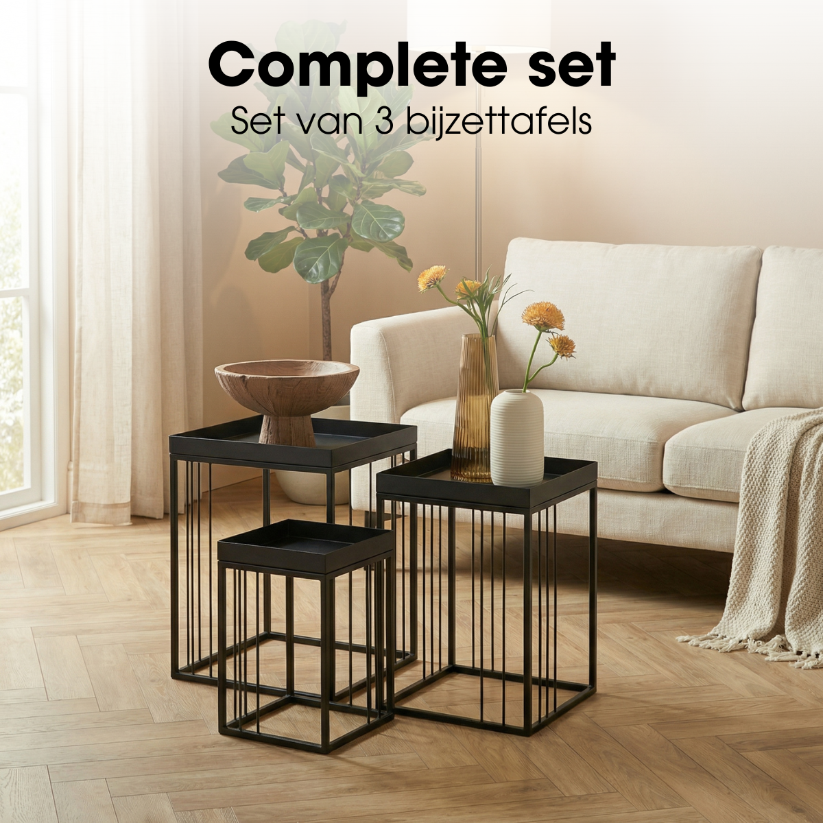 Zwarte bijzettafel set Beth compact - 3-delig