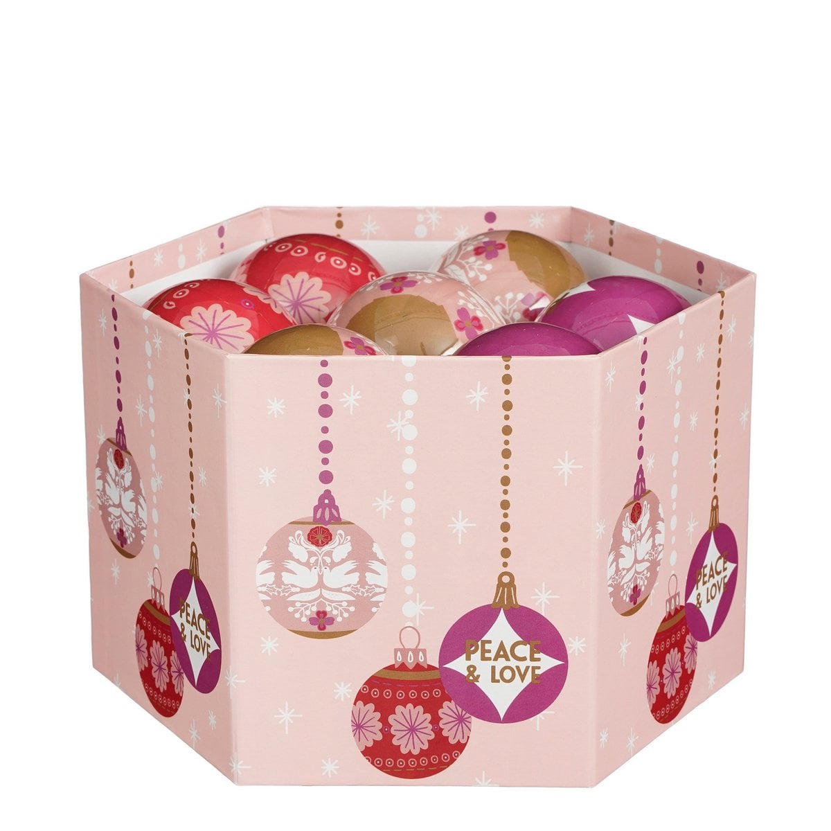 Roze kerstballen set met opdruk, 14 stuks Ø 7,5 cm