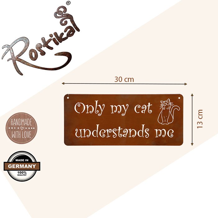 Kattenbord decoratie, Only my cat understands me, roestpatina, 30 × 13 cm