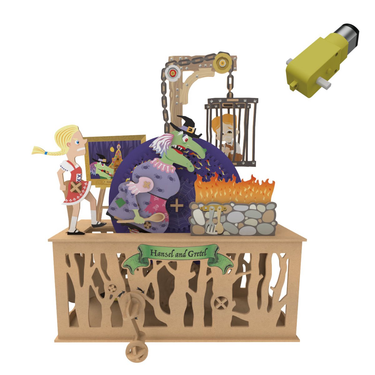 3D mechanisch houten sprookjesmodel Hans en Grietje, 27,4 x 15,7 x 31,6 cm