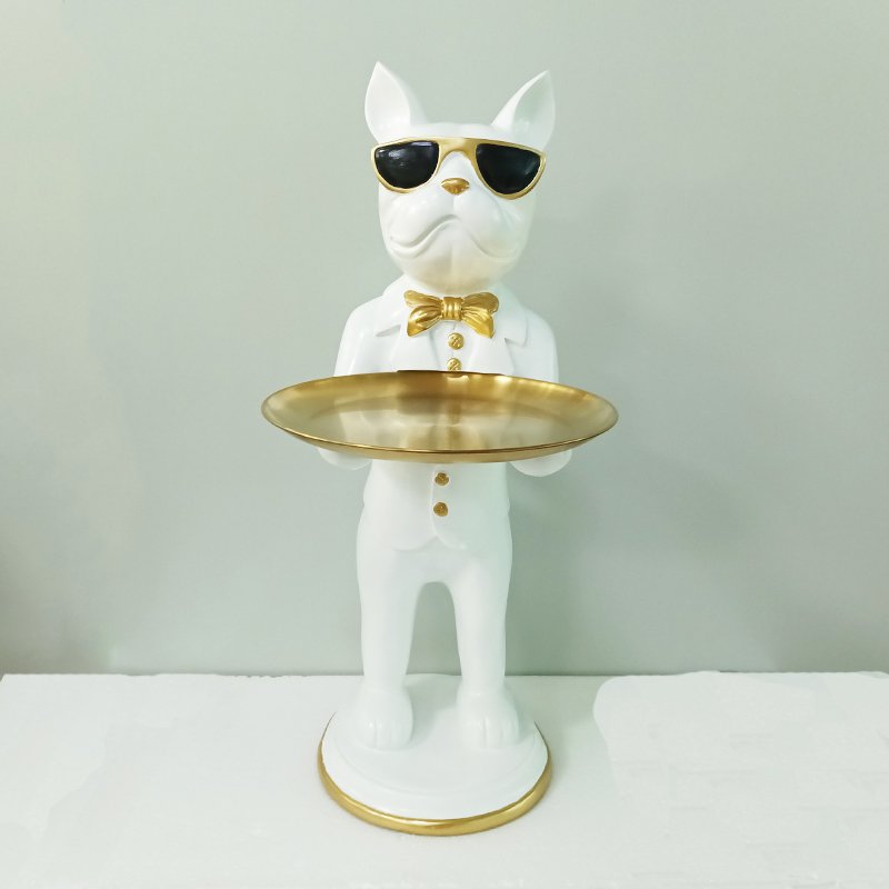 Bulldog met dienblad, wit en goud, 26 × 43 × 67,5 cm