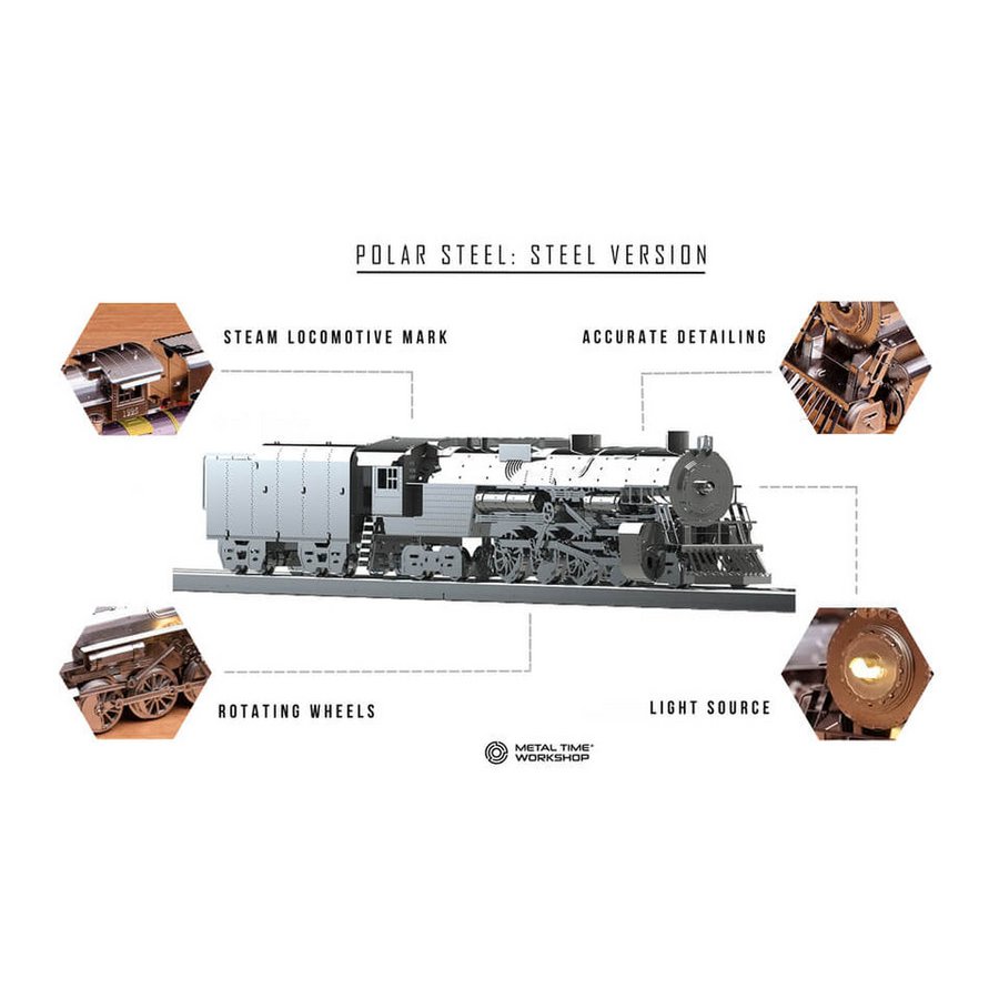 3D metalen bouwpakket stoomlocomotief Polar Steel 36,5 × 6,2 × 5,1 cm – 211 onderdelen