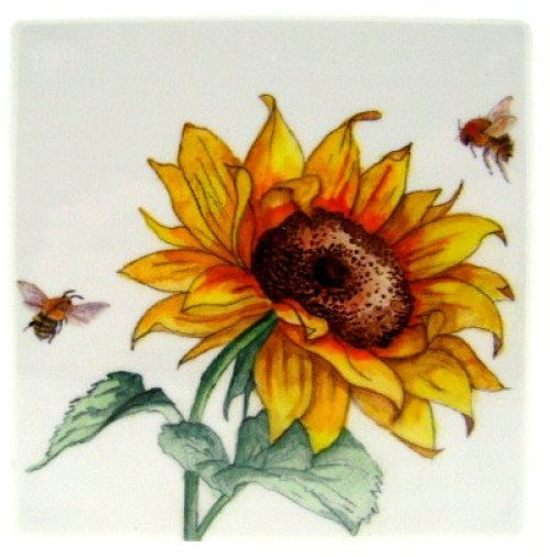 Bijen en zonnebloem onderzetter, 10 x 10 cm