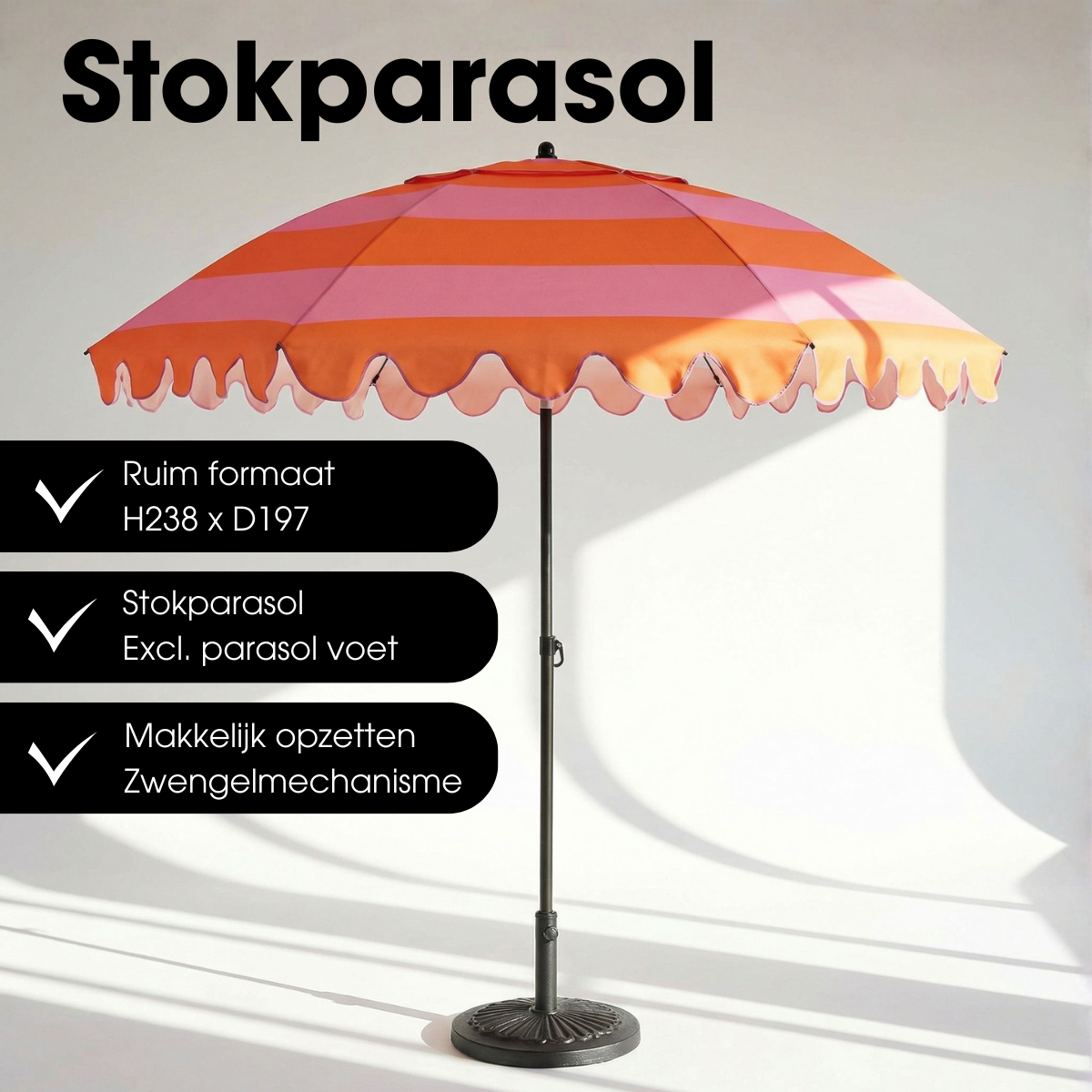 Oranje-roze gestreepte parasol met ruches Ø197 cm